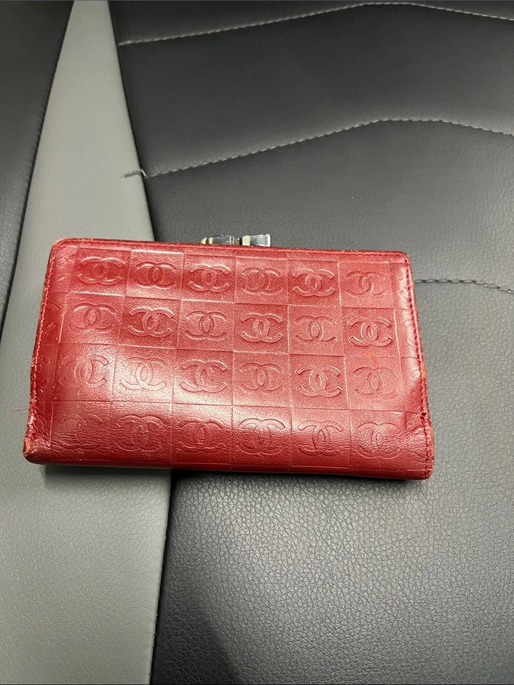 CHANEL Red Embossed CC Leather Wallet